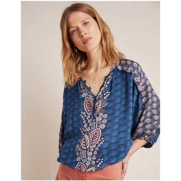 Maeve by Anthropologie Women's Letizia Ruffled Blouse Size S Blue Floral Boho - Picture 2 of 9